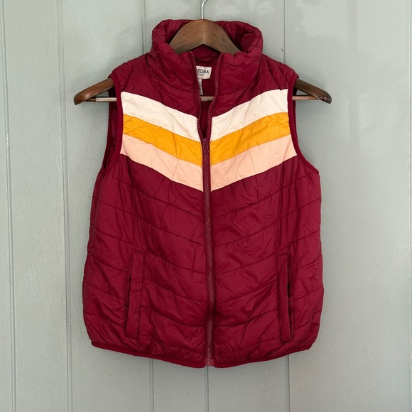 Arizona Jean Co Women Maroon Chevron Puffer Vest Size Juniors L Retro Colorblock